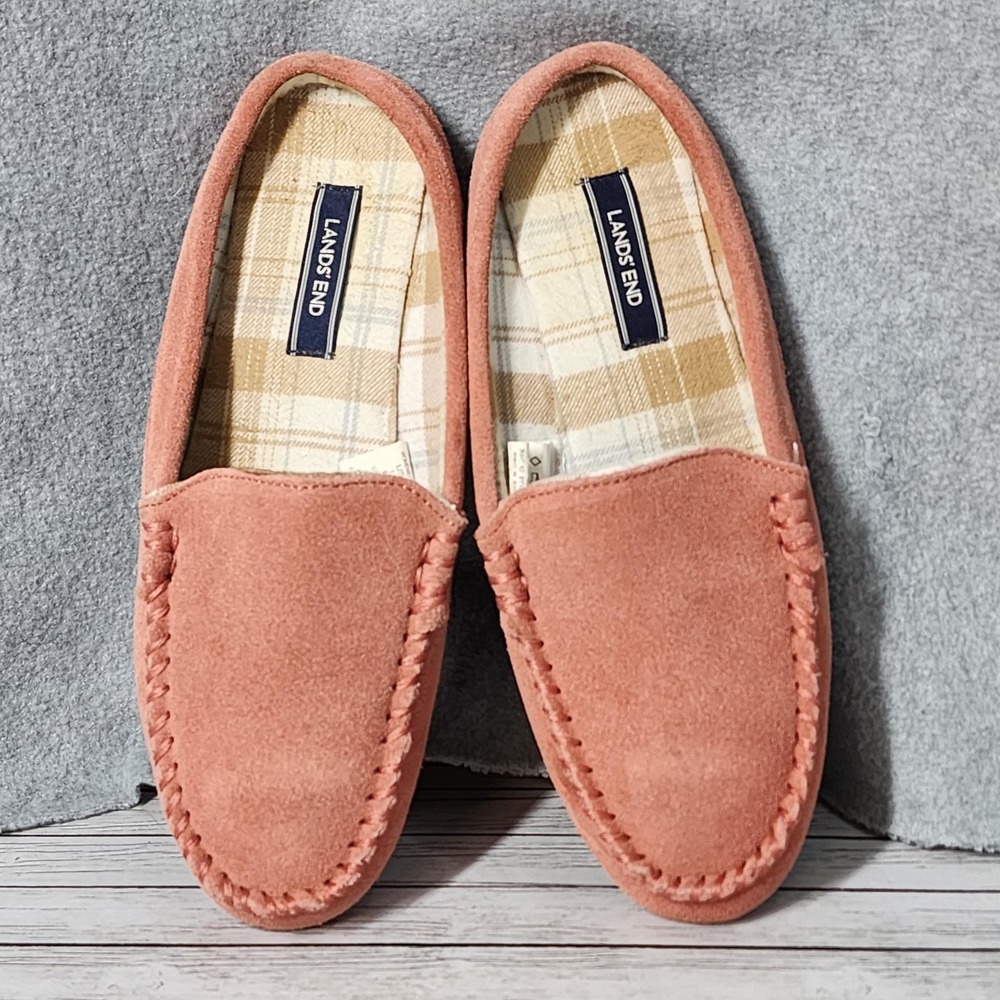 Lands End Shoes‎ Womens Size 9M Pink Suede Moccasin House Slippers Plaid Lined